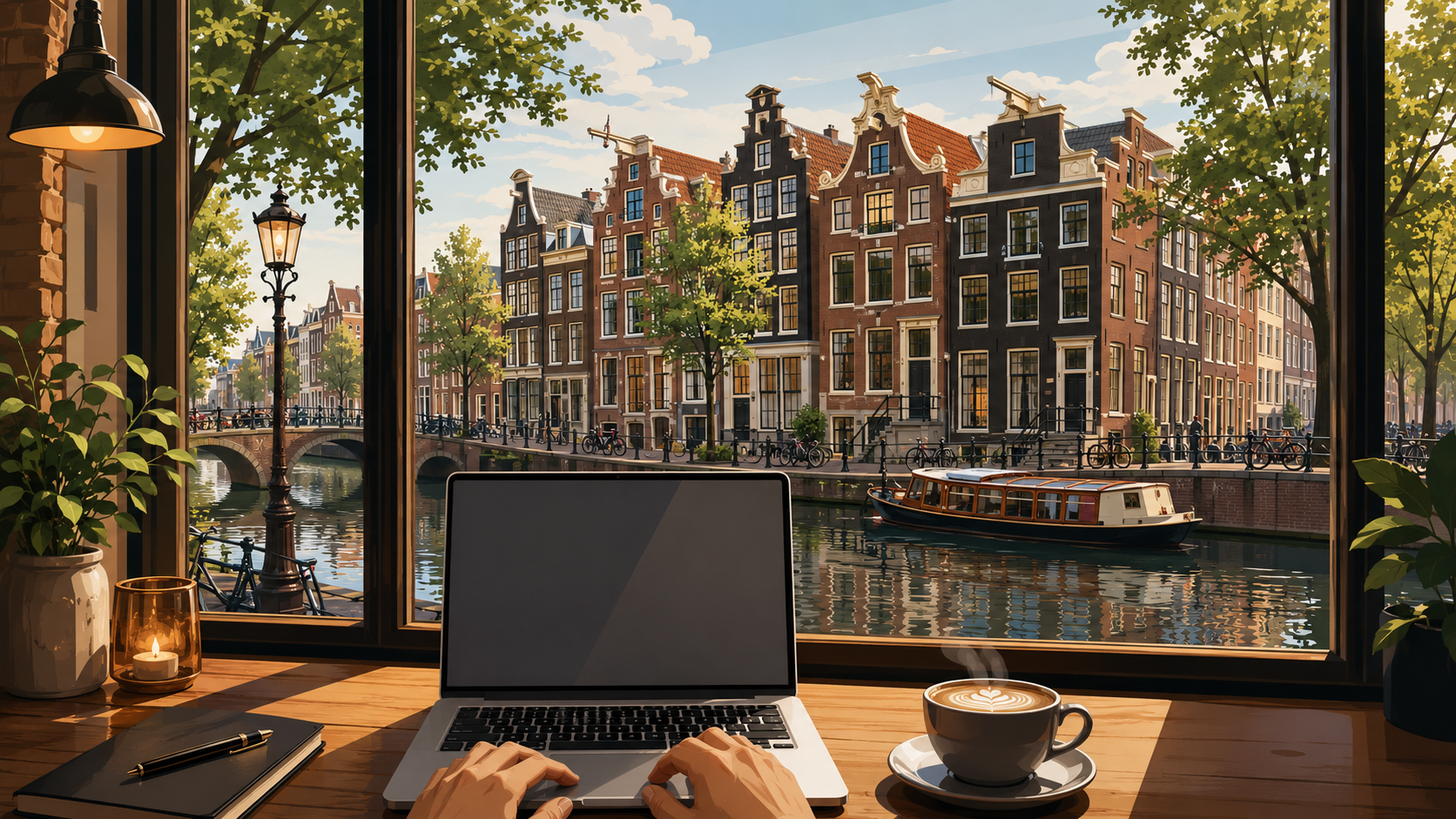 A sunlit Amsterdam canal, seen from a café workspace with a laptop and coffee